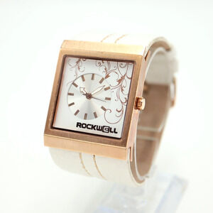 Rockwell Mercedes Rose Gold Tone Square Watch 35mm Floral Dial White Leather